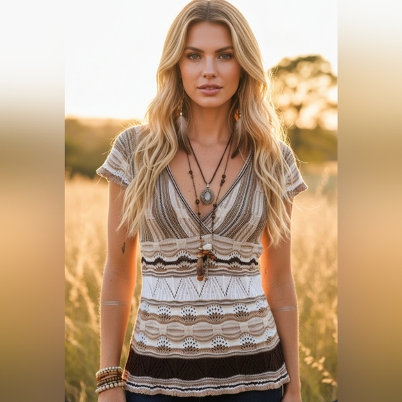 Say What? Sweaters - SAYWHAT Cream Tan Brown Knit Sweater Crochet Shortsleeve Vneck Top Size Large